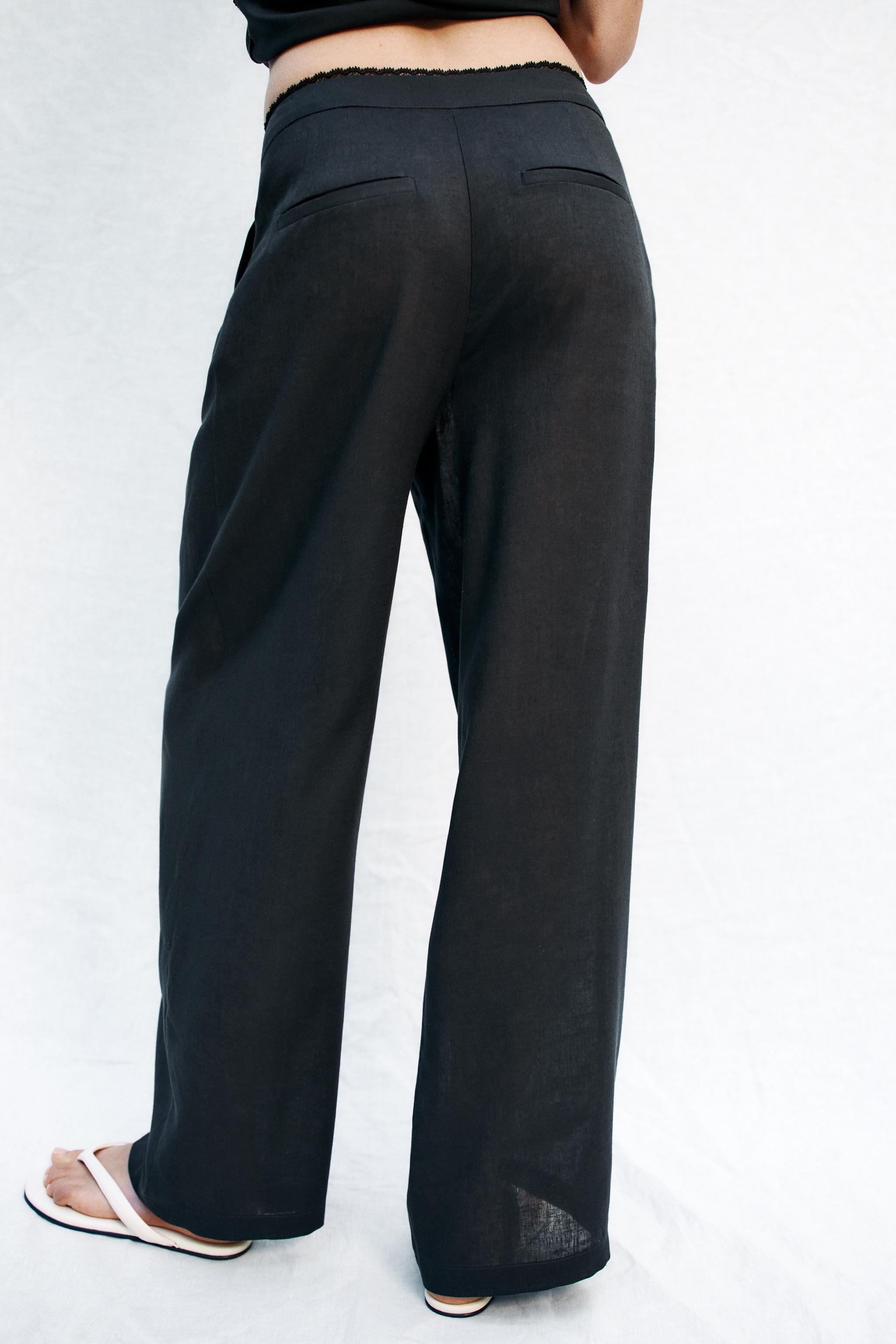 STRAIGHT LEG LINEN PANTS WITH LACE TRIM